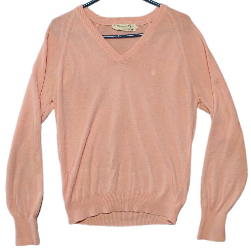 Christian Dior Sweater Mens S Pink V-Neck Vintage Orlon Acrylic Logo USA Made